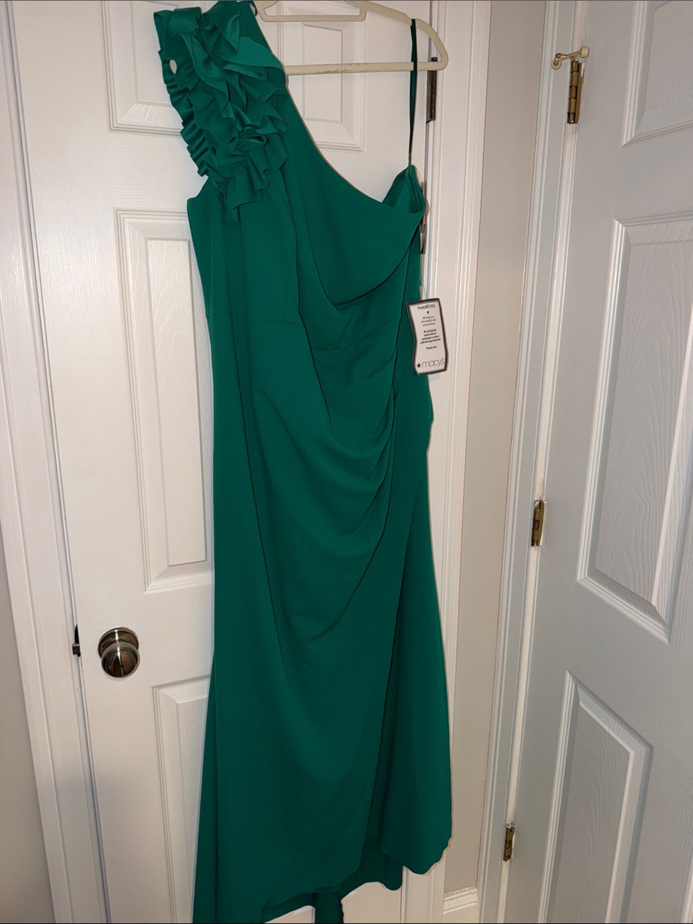 Xscape Emerald Green One-Shoulder Ruffle Gown